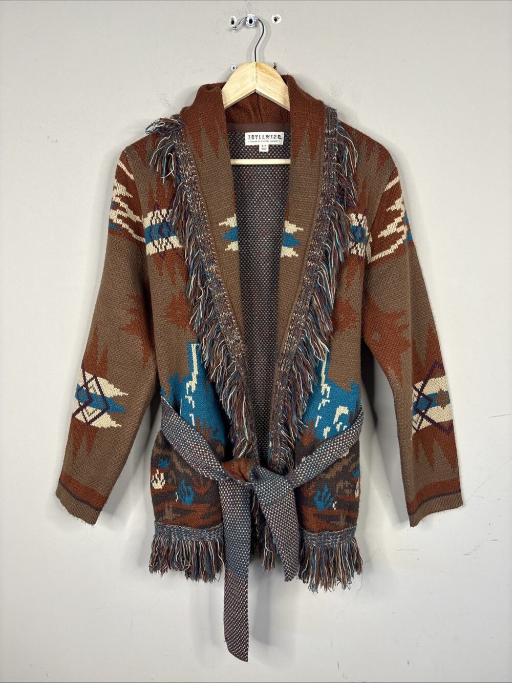 Idyllwind Aztec Fringe Belted Cardigan Sweater Acrylic Brown Blue Tan S